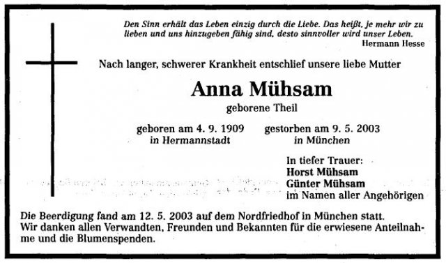 Theil Anna 1909-2003 Todesanzeige